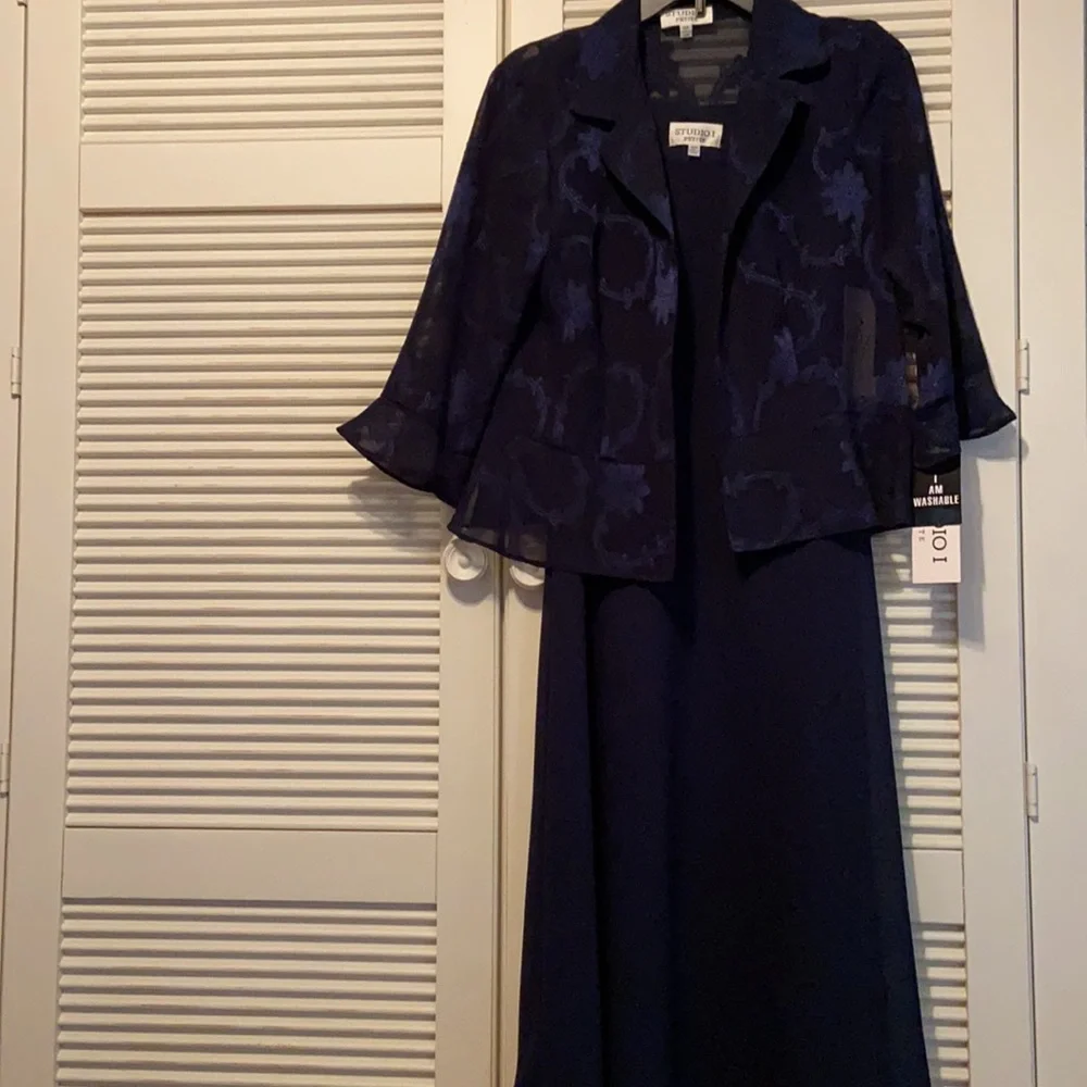 Navy Blue  Sleeveless Dress with Jacket - Jacket Dress - Picture 2 of 14